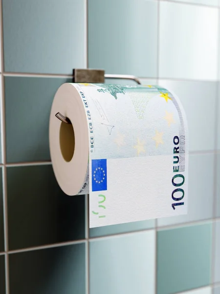 Duvar Dağıtıcısına 100 Euro Yazdırılmış Boyutlu Tuvalet Kağıdı Rulosu — Stok fotoğraf
