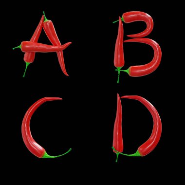 Kırmızı kırmızı biberli büyük harf alfabesinin 3D yorumlanması - A-D harfleri