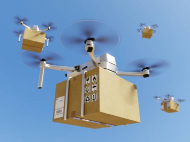 Gökteki paket dağıtım insansız hava araçlarının 3B görüntülenmesi