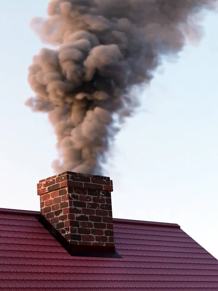 Nahaufnahme Eines Hausdaches Mit Gemauertem Schornstein Der Dichten Rauch Die lizenzfreie Stockfotos