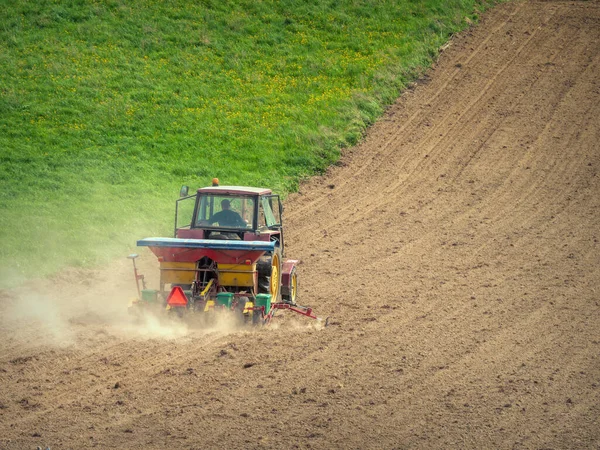 Arable Field Being Planted Farm Tractor Sowing Machine — Photo