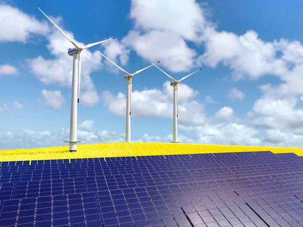 3D rendering of solar farm and wind turbines in the background on sunny day