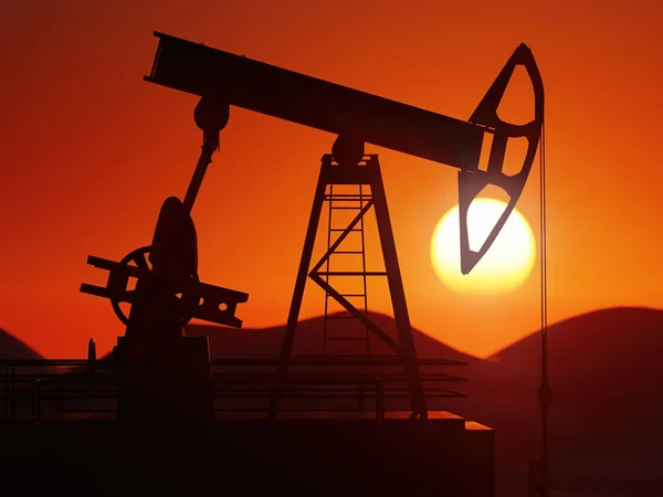 Rendering Working Oil Pumping Jack Silhouette Sunset — Stock Photo, Image