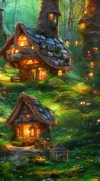 3d rendering of fantasy little tree cottages in magic forest