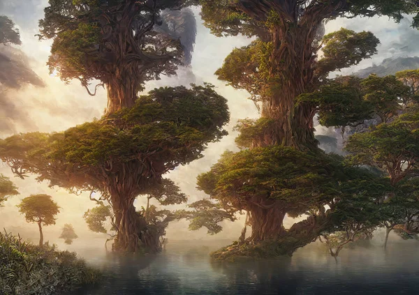 3d rendering of surreal beautiful fantasy land with giant trees growing in the middle of the lake surrounded by mountains