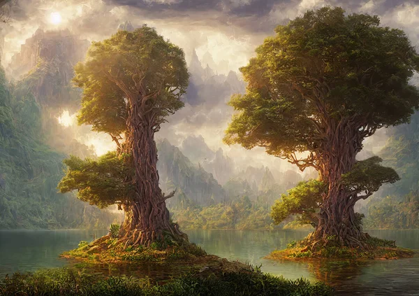 3d rendering of surreal beautiful fantasy land with giant trees growing in the middle of the lake surrounded by mountains