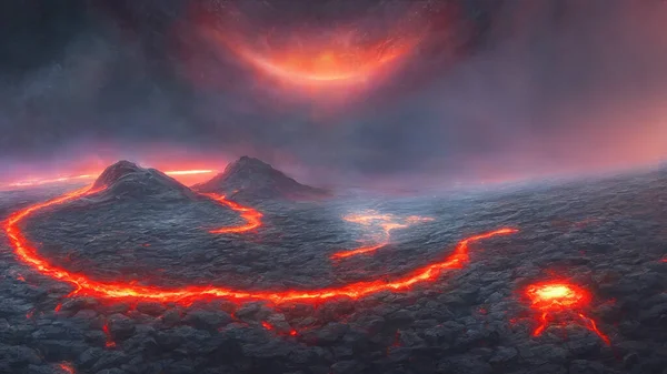 3d rendering of fantasy hot lava planet with liquid magma