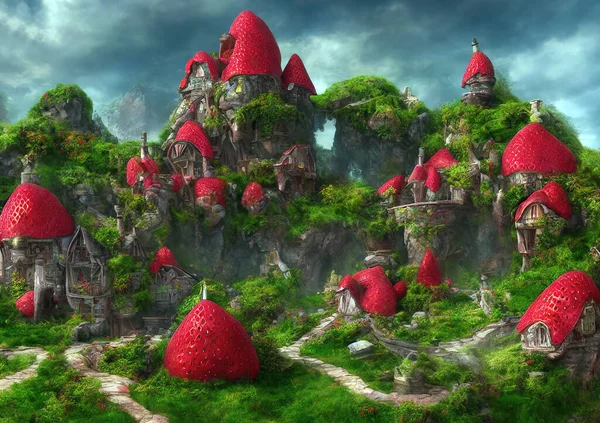 3d rendering of fantasy strawberry cottage village