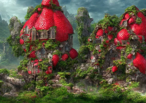 3d rendering of fantasy strawberry cottage village