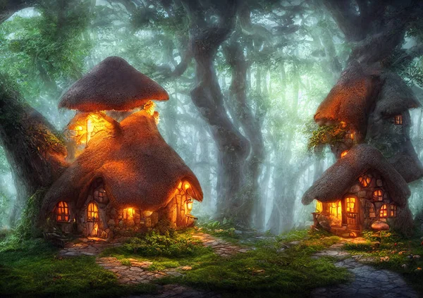 3d rendering of fantasy mushroom cottages in magical forest