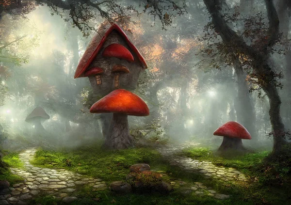 3d rendering of fantasy mushroom cottages in magical forest