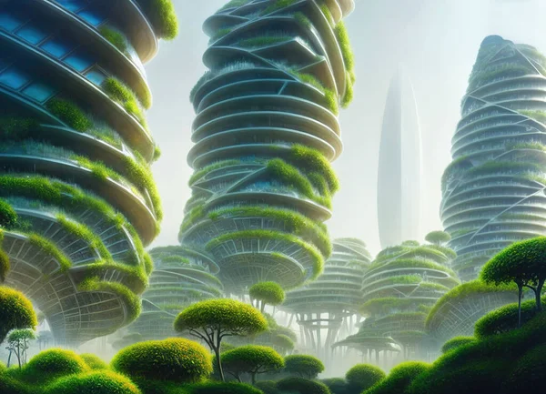 3d rendering of futuristic environmentally friendly green city with sophisticated architecture