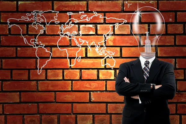 Lamp zakenman met kaart van de wereld — Stockfoto