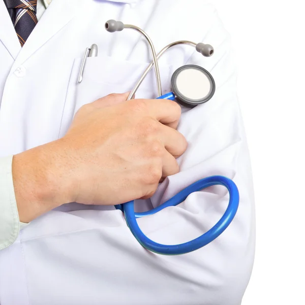 Läkare som innehar blå stethoscopeyour friska koncept — Stockfoto