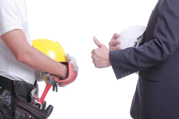 Engineer show hand for give like to worker — Stock Photo, Image