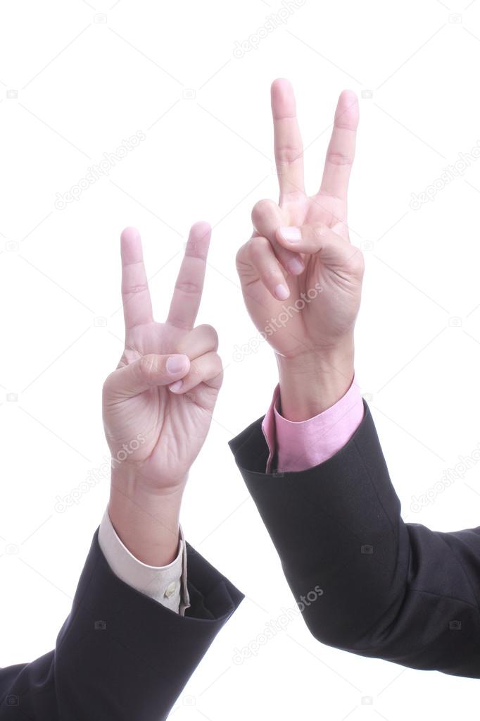 Businessman show finger V sign