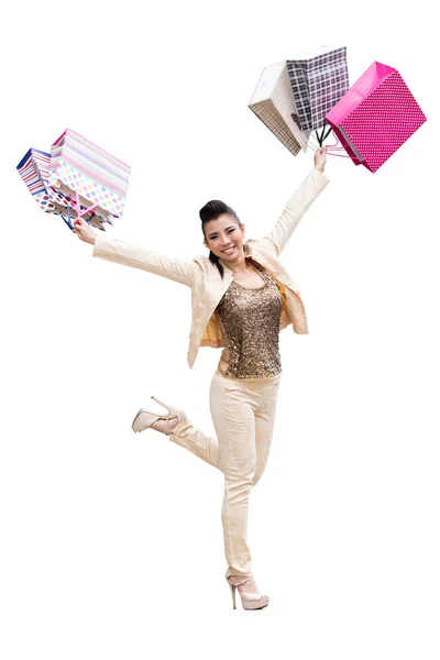 Las mujeres asiáticas en la celebración de una gran cantidad de bolsa de compras — Foto de Stock