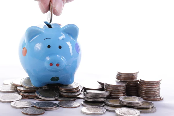 Piggy bank officer put money inside for invest — Stock Photo, Image