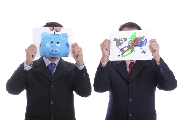 Two businessman hold Finance piggy and progress graph — Stock Photo, Image