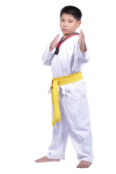 Stilig taekwondo pojke utbildade kampen aktivitet — Stockfoto