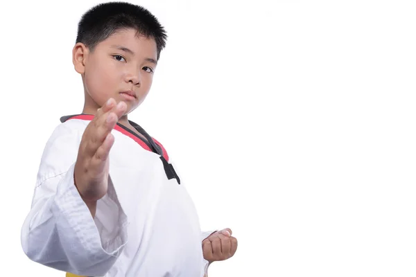 Schöner Taekwondo-Junge trainierte Kampfaktivität — Stockfoto