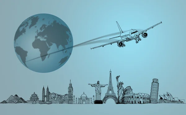 飞机旅行在世界里，在全球 — 图库照片