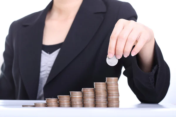 Business women put coin stack money — Stock Photo, Image