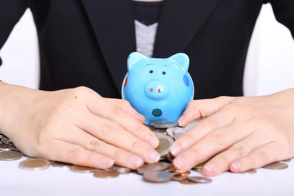 Piggy bank officer put money inside — Stock Photo, Image