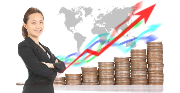 Business women stand in front of growing money graph — Stock Photo, Image