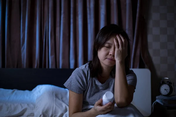 Sleeplessness Asian Woman Holding Drug Scared Stressed Thinking Unhappy Can — Stock Photo, Image