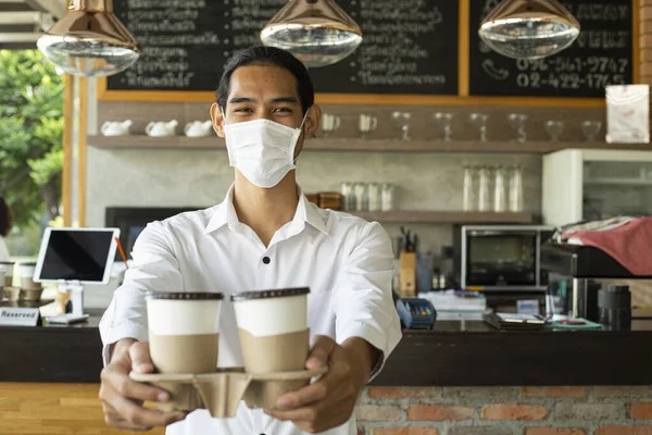 Asian Barista Holding Coffee Cup Serving Customer Takeaway Beverage Thai — Photo