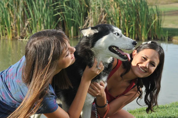 Schwestern und Husky — Stockfoto