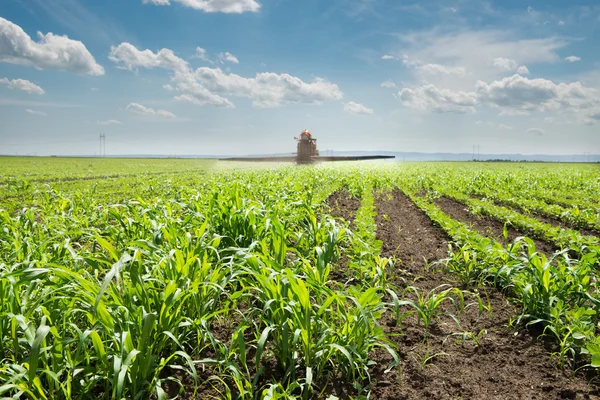 Traktor versprüht Soja — Stockfoto