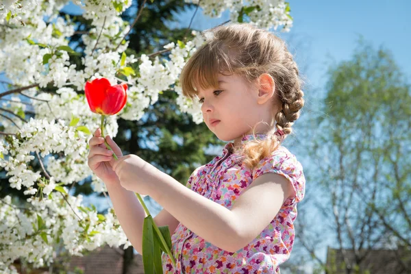 Little girl with flowers — Stock Photo, Image