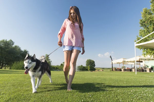 Dívka a její l husky — Stock fotografie