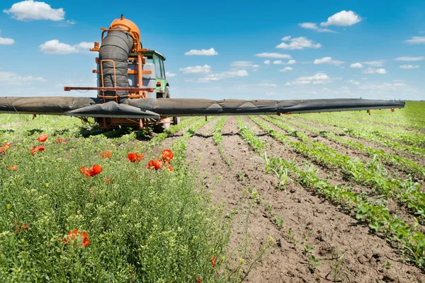 Tractor spraying soybean — Stock Photo, Image
