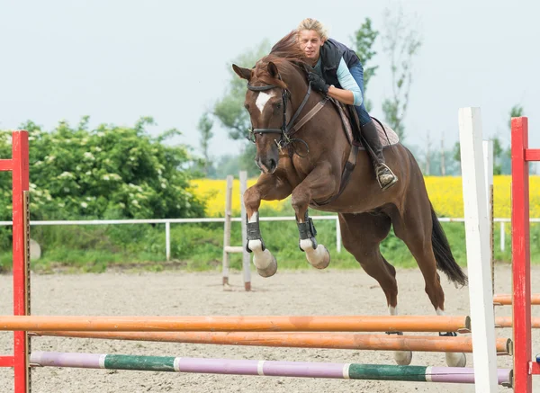 Girl jumping with horse — Stock Photo, Image