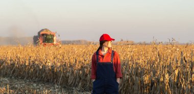 Mısır tarlasında genç bir çiftçi kız. Arka planda tarım makineleri