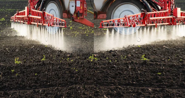 Trator Pulverização Pesticidas Campo Com Pulverizador — Fotografia de Stock