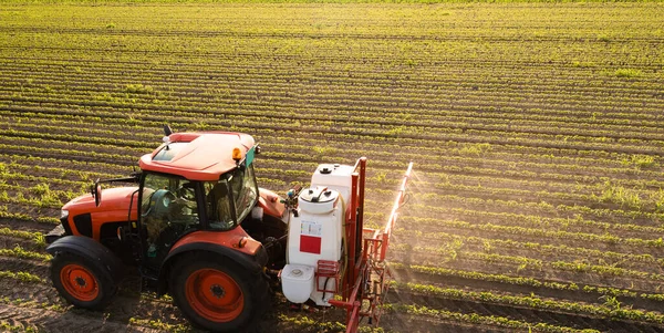 Traktor Penyemprotan Pestisida Lahan Kedelai Dengan Penyemprot Pada Musim Semi — Stok Foto