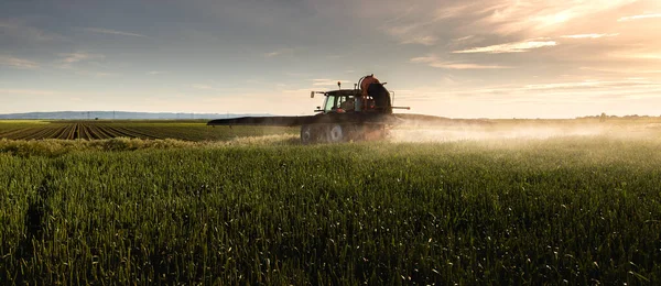 Tractor Die Pesticiden Spuit Een Groen Veld — Stockfoto