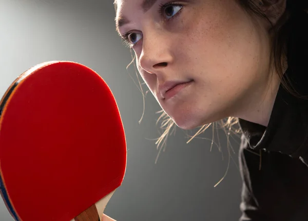 Young Girl Plays Table Tennis Closeup — стоковое фото