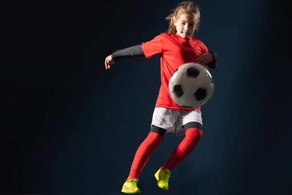 Girl Kicks Soccer Ball Soccer Field — Stock Photo, Image