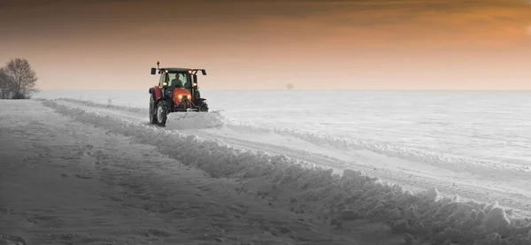 Tractor Cleans Road Snow Winter — Stock Photo, Image