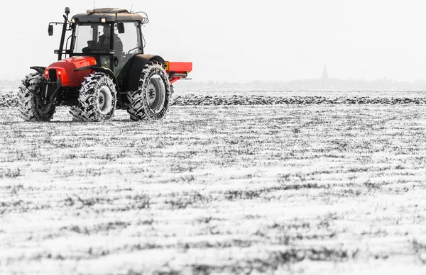 Farmer Tractor Seeding Sowing Crops Agricultural Fields Winter Snow — Stock Photo, Image