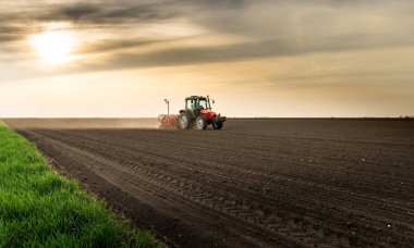 Traktör tohumu olan çiftçi - ilkbaharda tarım tarlalarına ekin ekiyor.