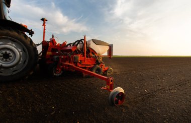 Traktör tohumu olan çiftçi - ilkbaharda tarım tarlalarına ekin ekiyor.
