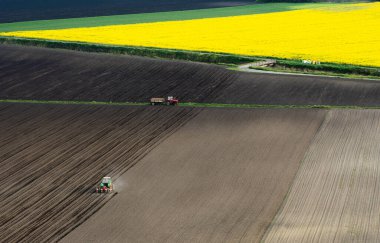 Traktör tohumu olan çiftçi - ilkbaharda tarım tarlalarına ekin ekiyor.