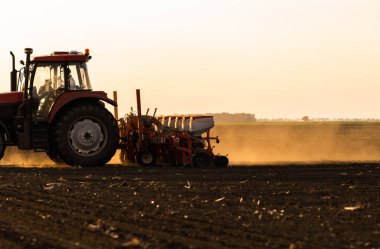 Traktör tohumu olan çiftçi - ilkbaharda tarım tarlalarına ekin ekiyor.