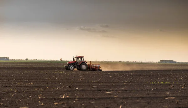 Farmář Výsevem Traktoru Výsev Plodin Zemědělských Polích Jaře — Stock fotografie